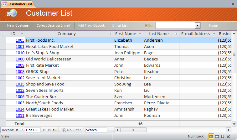customer list table